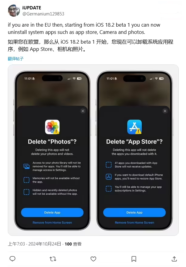 和平镇苹果手机维修分享iOS 18.2 支持删除 App Store 应用商店 