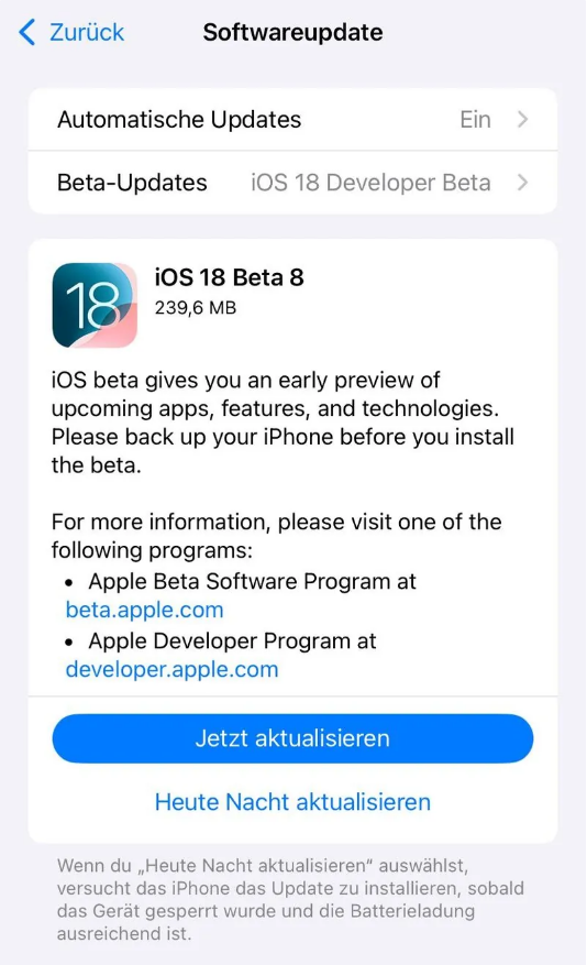 和平镇苹果手机维修分享苹果 iOS / iPadOS 18 开发者预览版 Beta 8 发布 